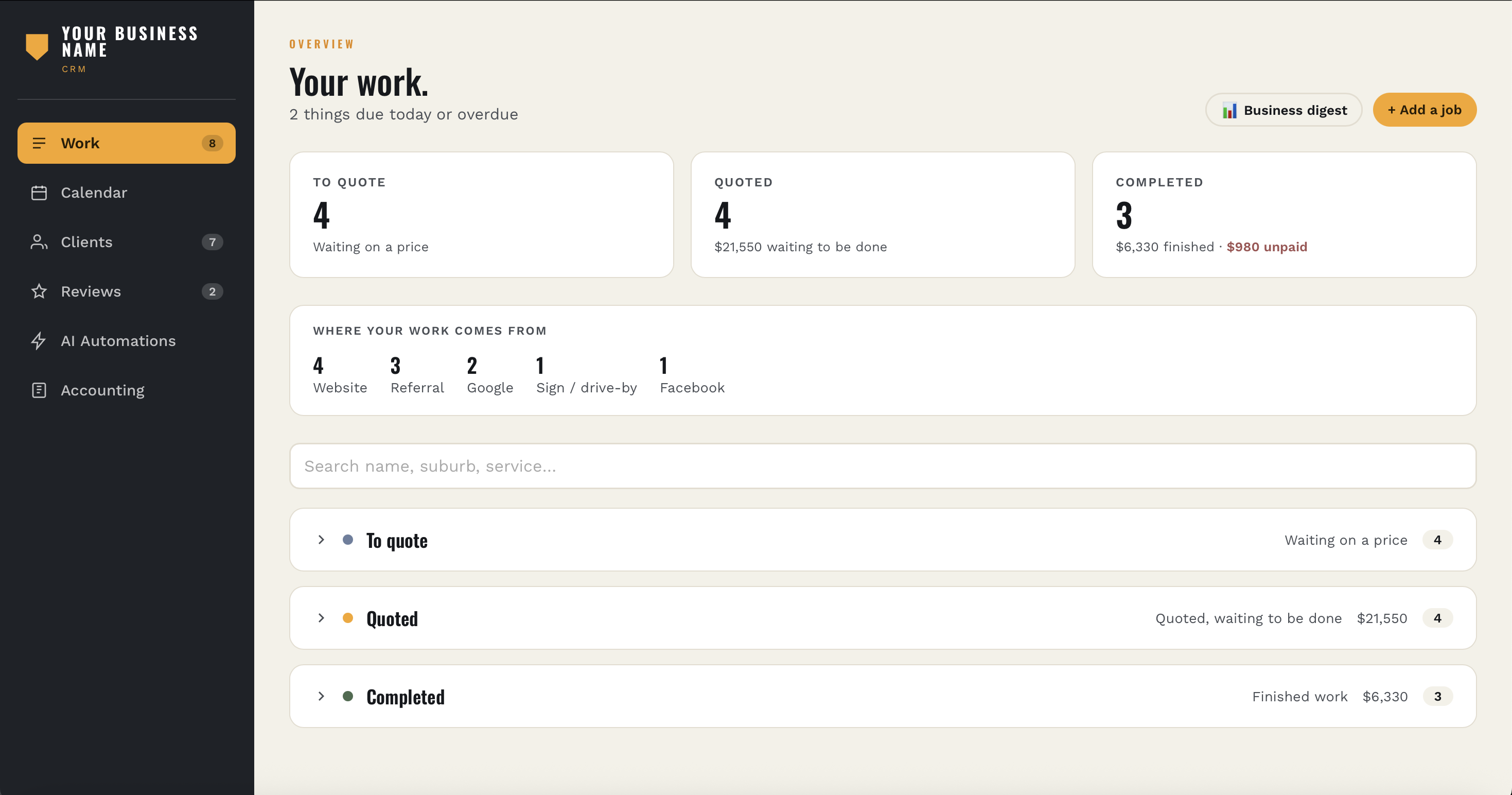 The Toolbelt Co app showing jobs grouped into To quote, Quoted and Completed, with totals and where the work came from.